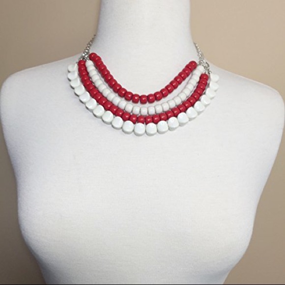 Layered Red White Beaded Necklace Earrings Set - Picture 2 of 3